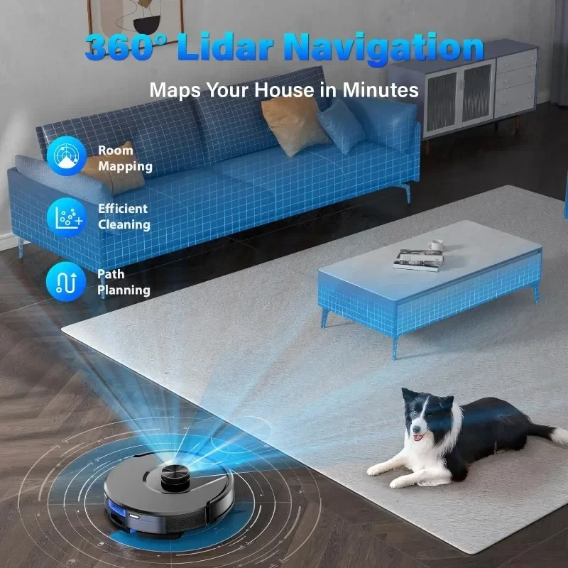 Robô Vacuum e Mop, Navegação Robotic Vacuum, Sucção 3000Pa, 20 Paredes Virtuais, Auto-carregamento, Bom para pêlos de animais