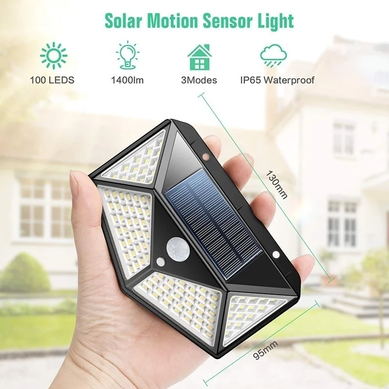 High Quality Wide Beam Outdoor Solar Powered Garden Lamp 100 LED Waterproof Motion Sensor Solar Wall Garden Lights