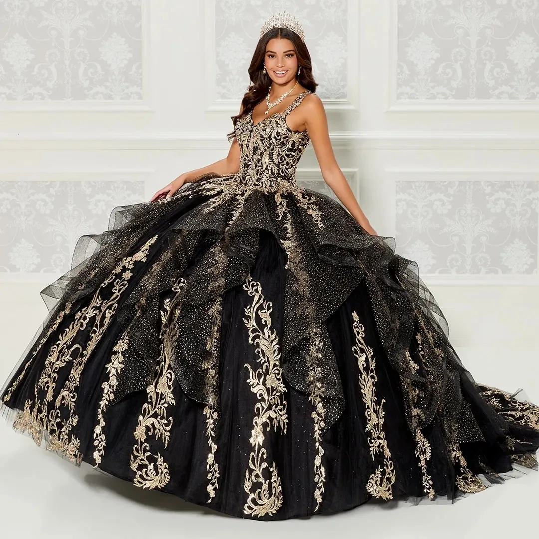 Vestidos de quinceañera negros, vestido de baile con tirantes finos, apliques de tul hinchados, dulces 16 mexicanos, Charro 15 Anos personalizados