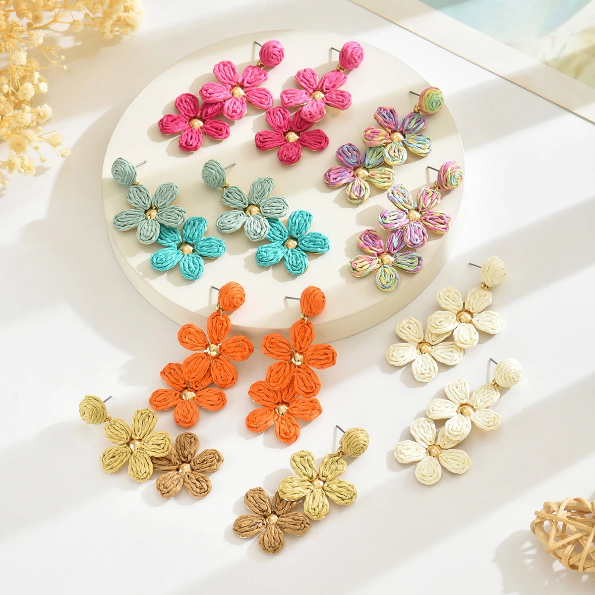 Bohemia Sweet Colorful Raffia Layered Flower Earrings for Women Girls Summer Handmade Rattan Knit Drop Earrings Holiday Jewelry
