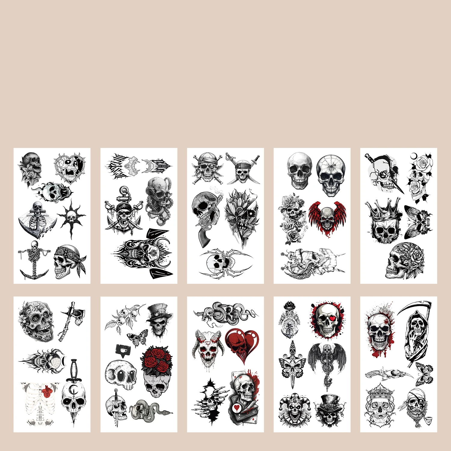 10pcs Halloween Tattoo Skull Flower for Women Men Flowers Temporary Tattoos for Hand Chest Wrists Finger Body Art