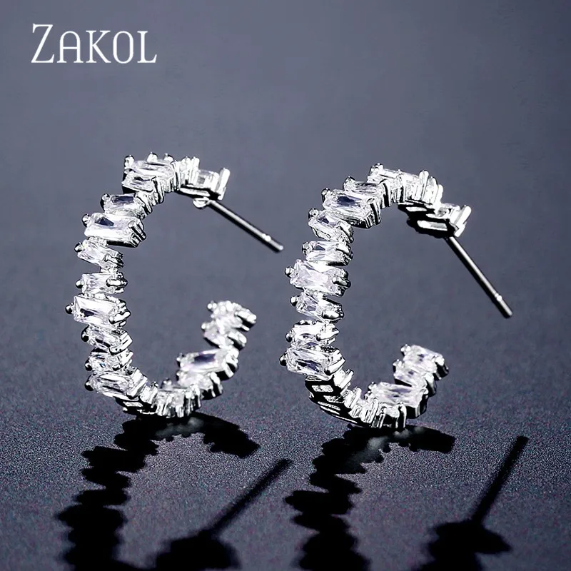 ZAKOL Trendy Black Cubic Zirconia Hoop Earrings for Women White Circle Earrings Korean Fashion Bridal Wedding Jewelry