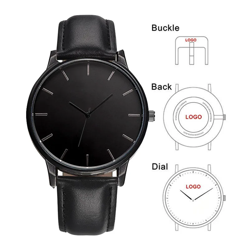 Semplice orologio da uomo nero a 3 lancette Movimento giapponese in vera pelle di buona qualità Crea orologi al quarzo OEM con etichetta privata con logo