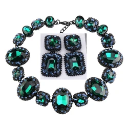 2024 New Green Red Clear Crystal Rhinestone Large Collar Statement Choker Necklace Earrings Women Jewelry Sets Indian Necklace