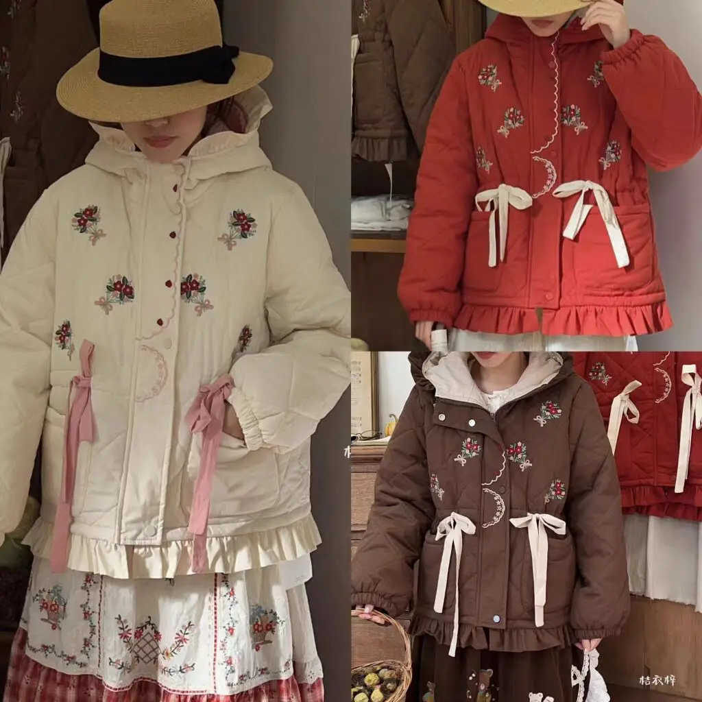 

Japanese Mori Girl Lolita Parkas Autumn Winter New Cute Girl's Lace Embroidered Jacket Women's Outerwear
