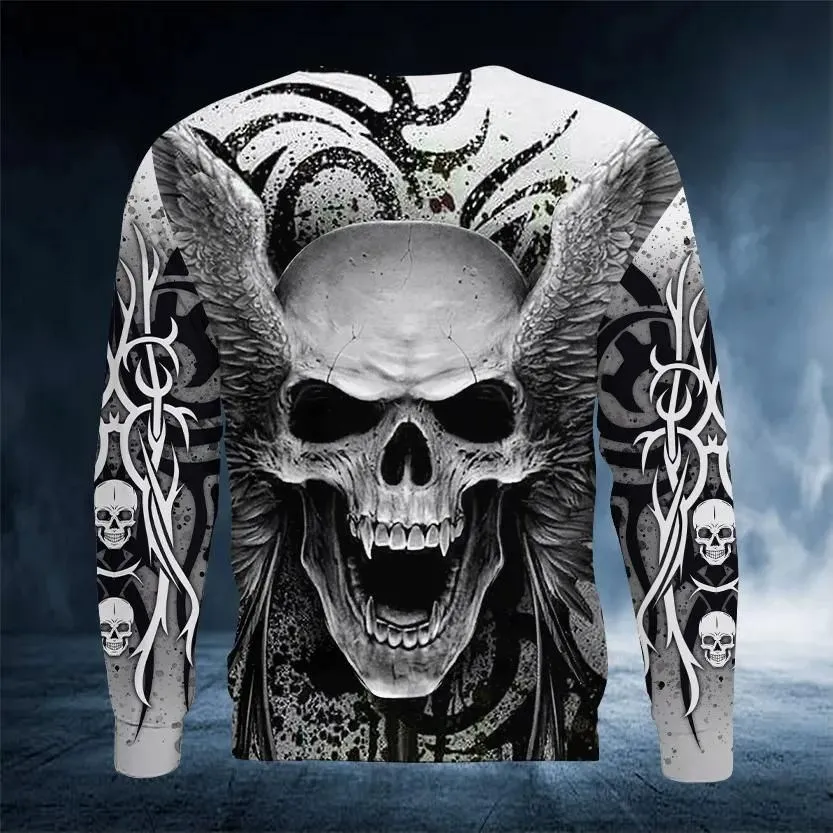 

Men's Round Neck Long Sleeve T-shirt Retro 3D Printing Skull Pattern Casual Top Tee Fashion Pullover T Shirts Men's Clothing