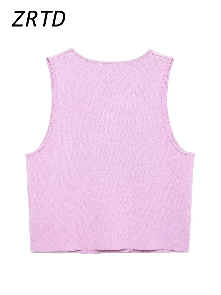 Casual Knit Pink Crop Vest Women Slim O-neck Sleeveless Double Breasted Waistcoat 2024 Summer Autumn Lady High Street Tank Tops