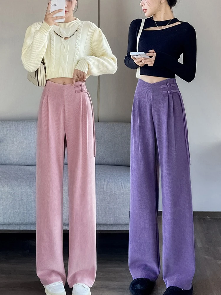 Corduroy pants women autumn and winter new Chinese style buckle casual thick solid color versatile wide leg pants