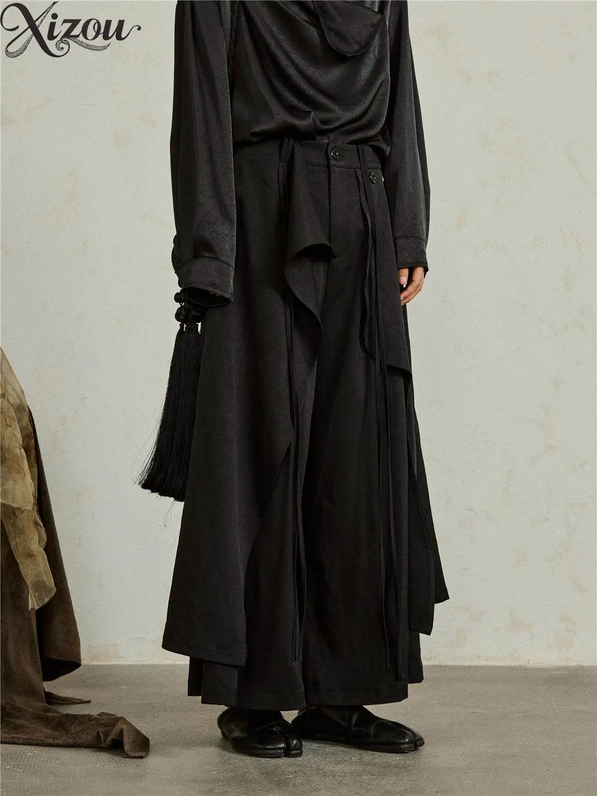 Men's Casual Pants 2026 New Wide-leg Culottes Japanese Style Asymmetrical Design Ribbon Streetwear Loose Trousers for Men