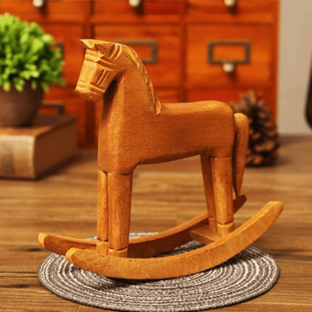 Pine Wooden Rocking Horse Ornament light brown 7.48x7.09in Hand Carved Wood Figurine Horse Desktop Auspicious Wood Statue