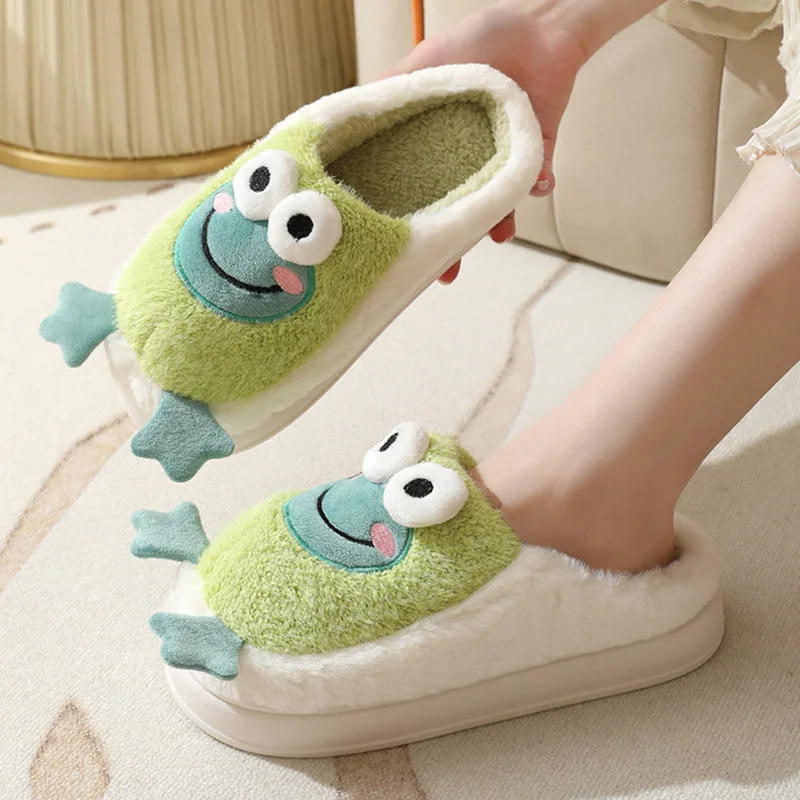 New Winter Kawaii Frog Pattern Plush Slippers Thick Bottom Home Cartoon Cotton Shoes Woman Indoor Non Slip Fluffy Fur Slippers