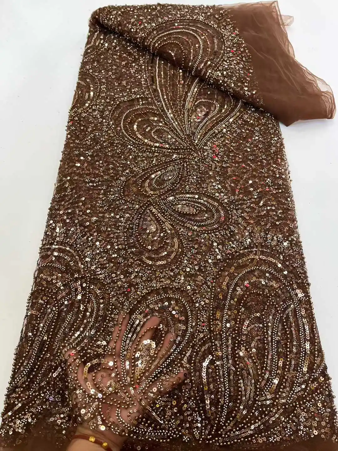 

Luxury French Mesh Lace Fabric 5 Yards High Quality Red African Beaded Brocade for Nigerian Wedding Dresses Women