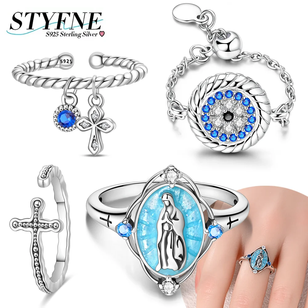

Rings Religious Series Retro Cross The Eye of The Virgin Mary 925 Silver Adjustable Ring for Women Wedding Jewelry Birthday Gift