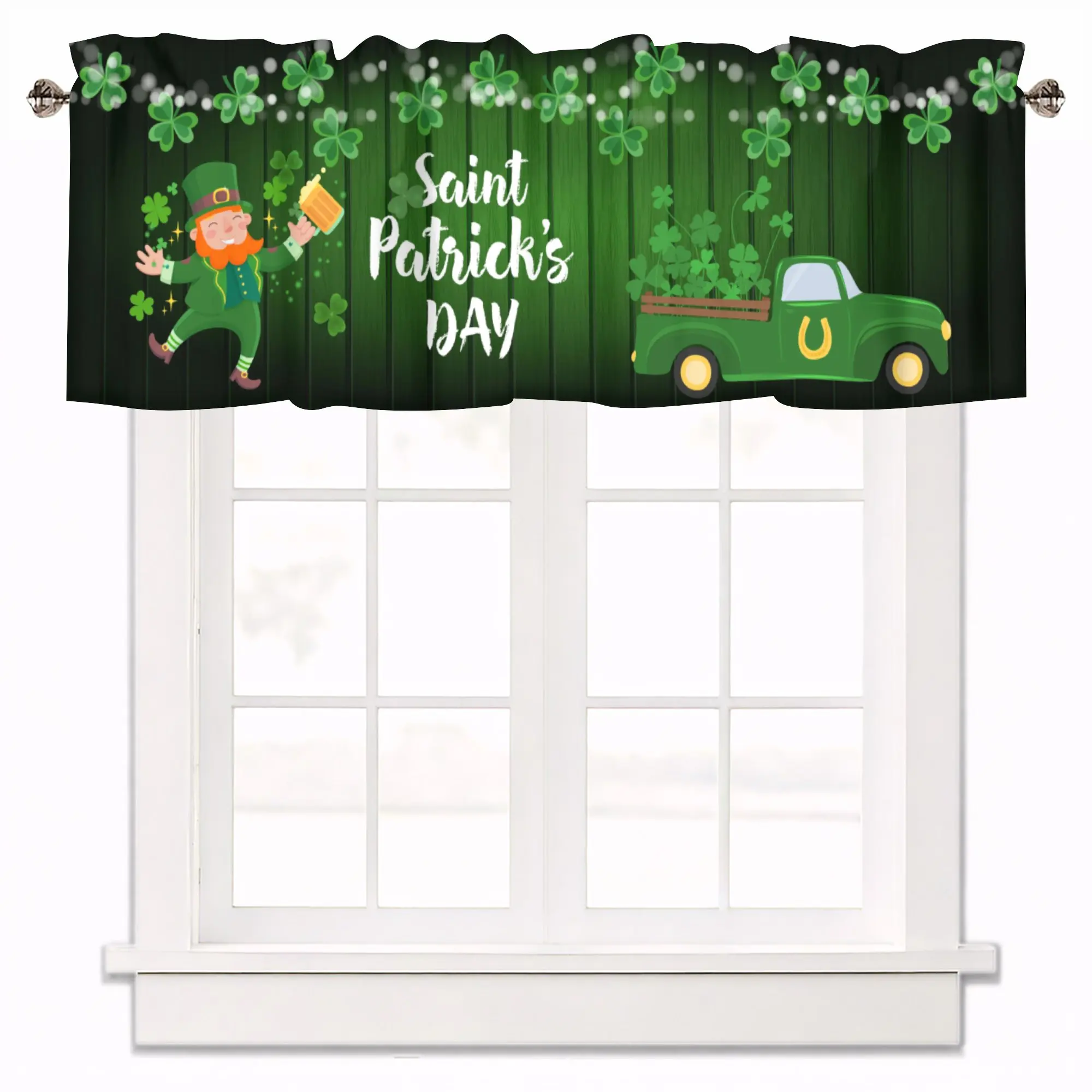 Valance Curtains St.Patrick's Day Shamrocks Gnome Green Pickup Truck Window Valances Kitchen Rod Pocket Short Curtain Panels