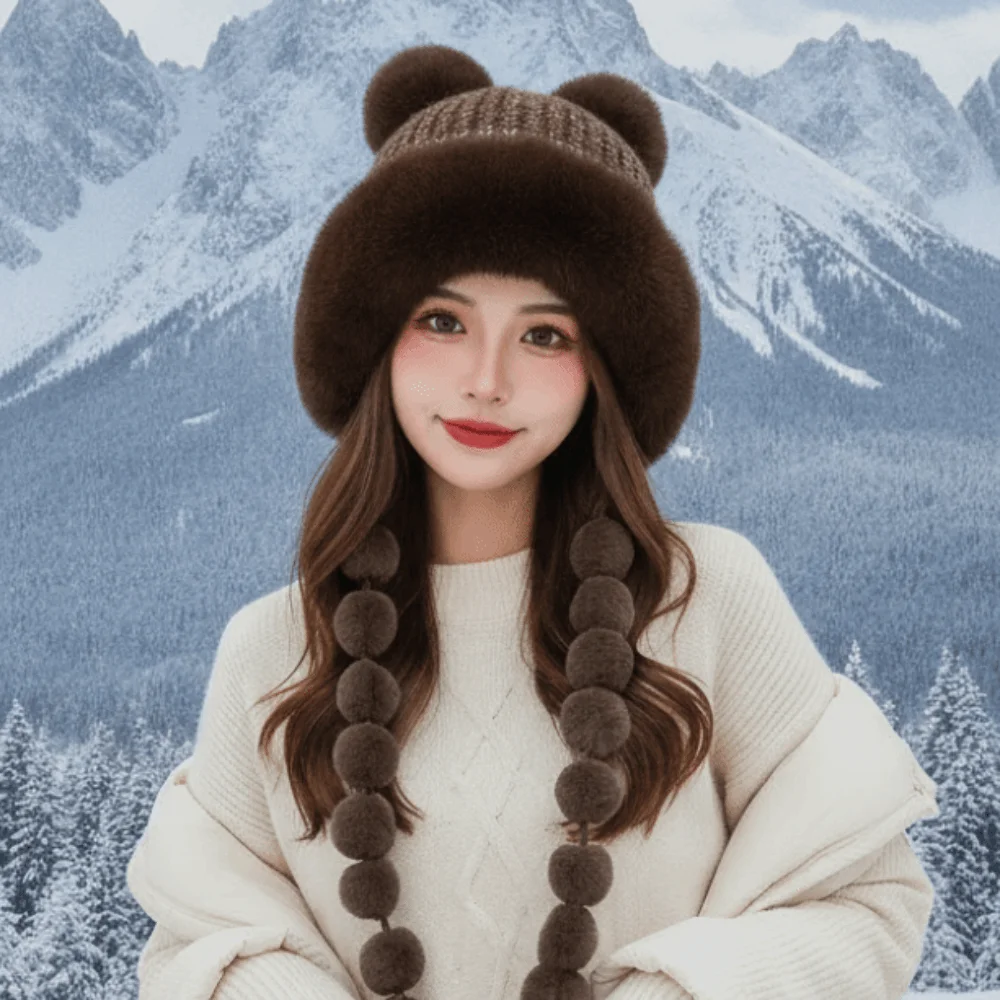 Fleece Lined Pompom Braids Hat Striped Knit Soft Yarn Fleece Knit Beanie ElasticThick Thermal Earflap Winter Cap Teens