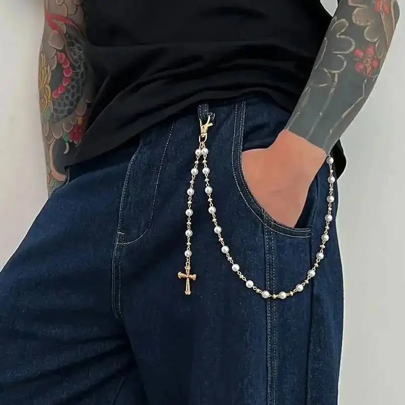 Ingemark Creative Cross Pendant Imitation Pearl Keychain Wallet Belt Chain for Men Women Trousers Hipster Jeans Chain Jewelry
