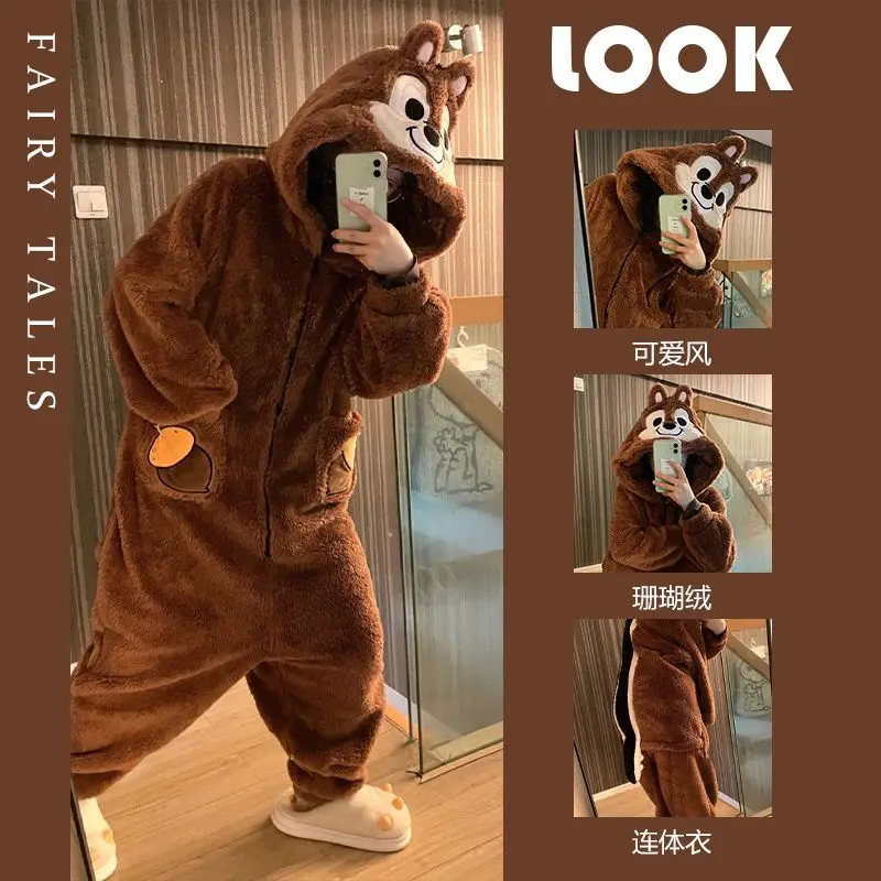 Disney Chip \'n\' Dale Onesie Animal Halloween Costume Plush Anime Cosplay Suit For Women men Flannel Pajamas Set Hooded Jumpsuits