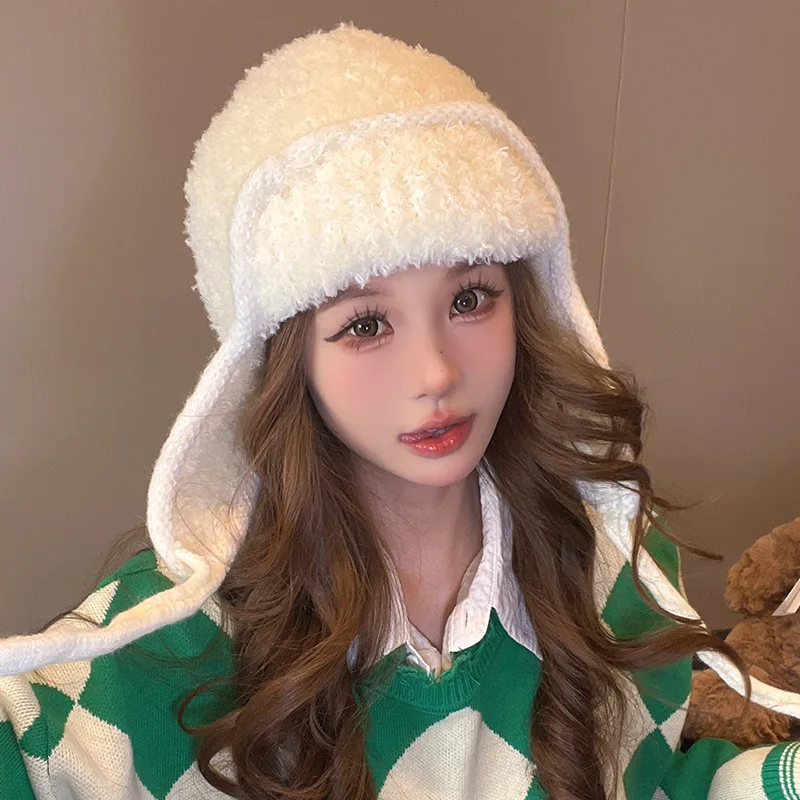 Wool Lamb Knitted Hat Women Ear Protection Caps Winter Warm Cold Proof Flying Cap Solid Color Woolen Crochet Bonnet Women Beanie