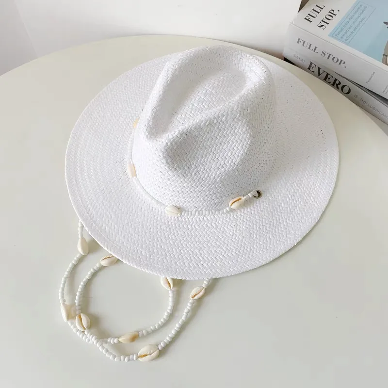 Summer Panama Hats For Women Sun Hat With Long Shell Conch Chain Straw White Black Jazz Caps Men Vintage Fedora Designer Hats