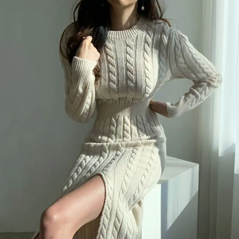 

Elegant Slim Bag Hip Dresses Autumn Winter Waist Solid Color Vintage Female Clothing Stylish Cross Strap Split Basic Midi Dress