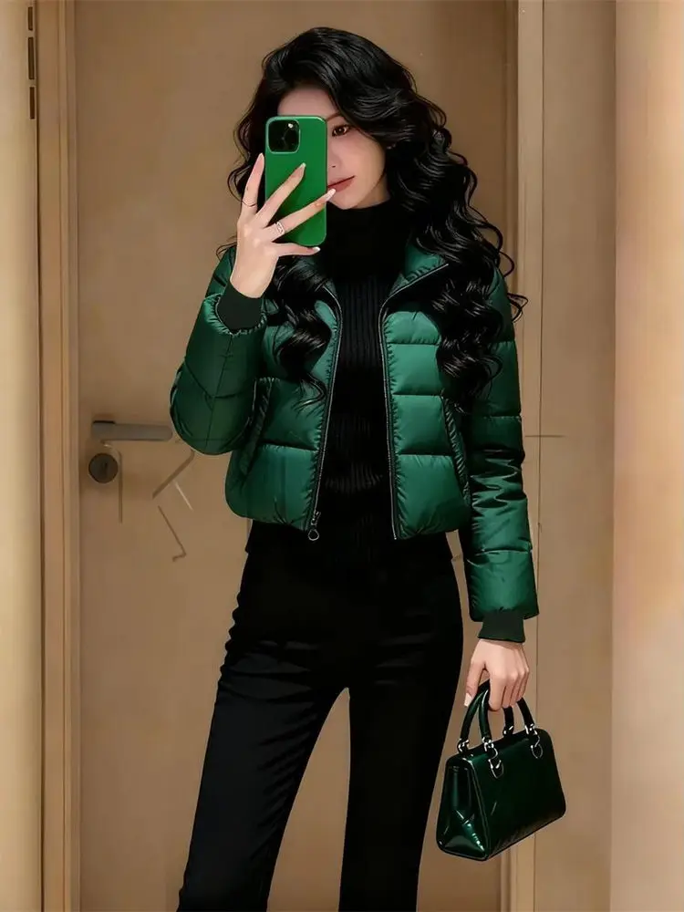 

Fashionable Winter Green Short Cotton Jacket Warmth Luxury Versatile Korean Style Slim Fit Zipper Closure Pure Color Coat