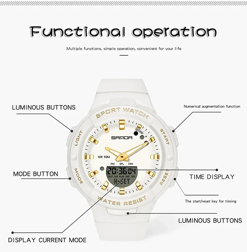 Sanda New 6005 Luxury Fashion Women Sport Watch Military Waterproof Multifunctional LED Digital Quartz Women Relogio Feminino