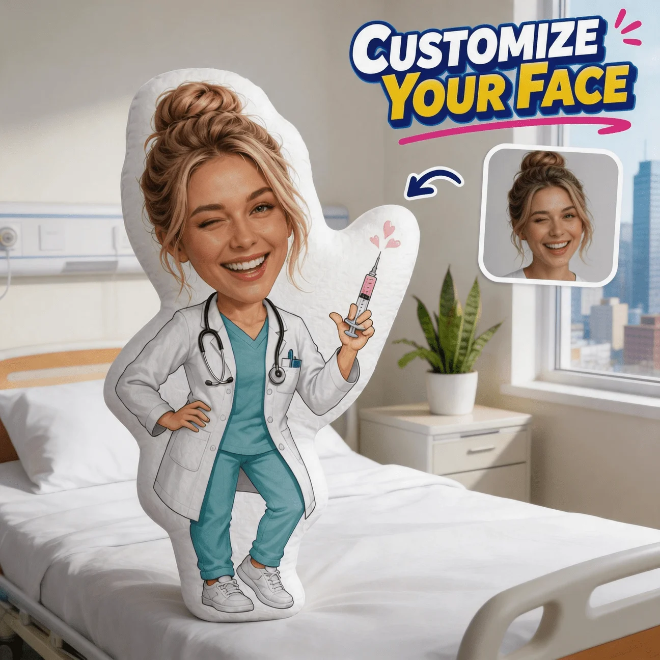 Customized personalized photo face pillows, doctor character shaped decorative pillows, 50cm large-sized sofa and bedroom cushio