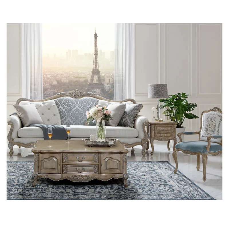 Neoclassical birch carved bedroom soft bag bed bedside table combination simple French 1.8 meters princess bed furniture