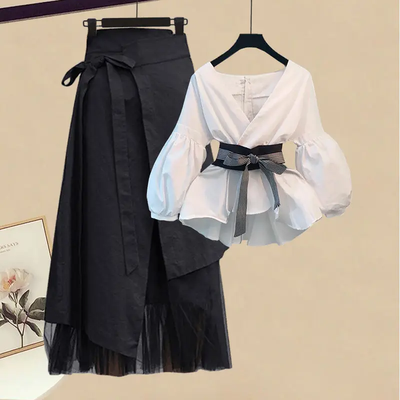 2 Piece Set Skirt and Top 2024 Spring Summer Casual V-neck Loose Top Skirt Sets Korean Fashion Women's Clothing