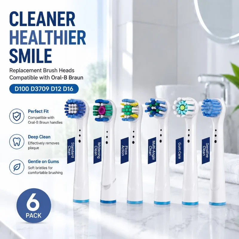 Replacement Electric Toothbrush Heads Compatible with Braun Oral-B Fit D12 D16 D100 3709 Soft Round Bristles Gentle Protection