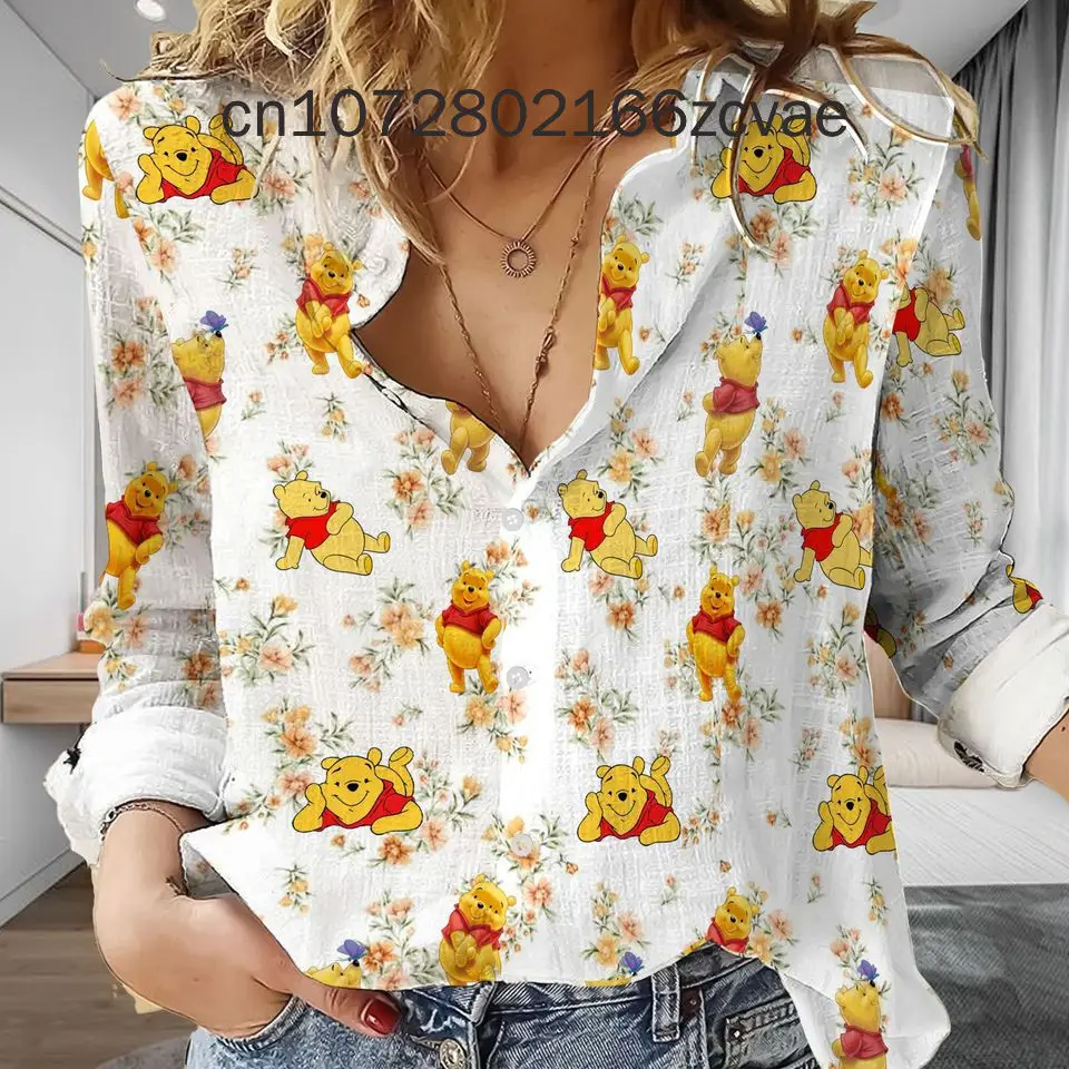 Summer New Disney Women's Shirts Winnie The Pooh Hawaiian Shirts  Fashion Long Sleeve Shirts Disney Shirts women