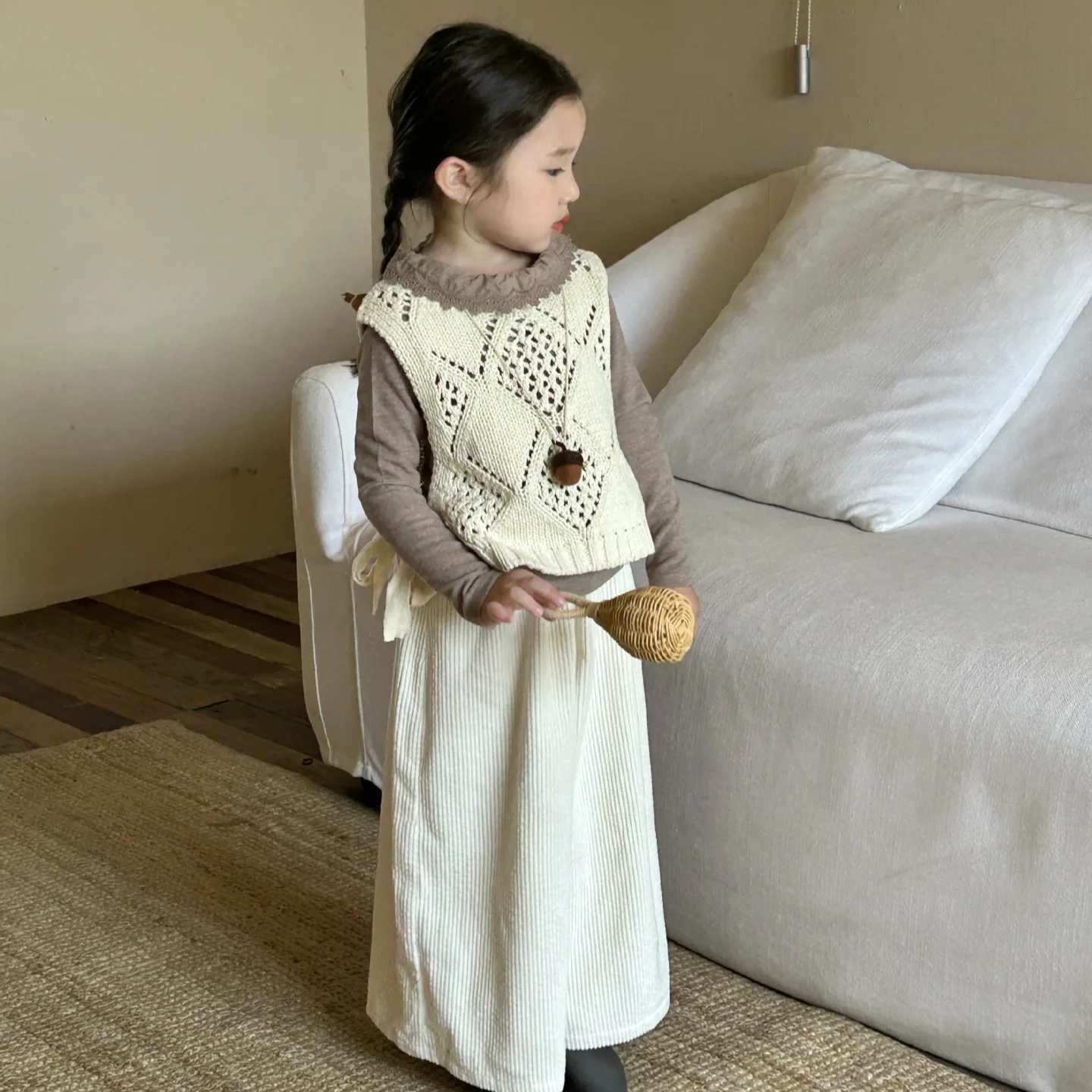 2024 Autumn New Children Clothing Korean Children Clothing Girls Solid Knitted Hollow Out Wool Vest