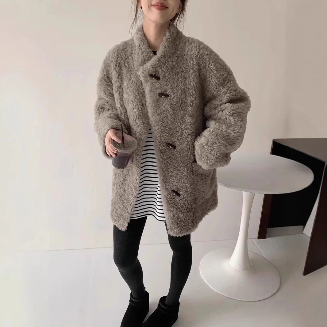 

Женские пальто из овечьей шерсти, однотонные пальто с воротником-стойкой и длинными рукавами, однобортные, прямые, повседневные, осень-зима 2023 г.