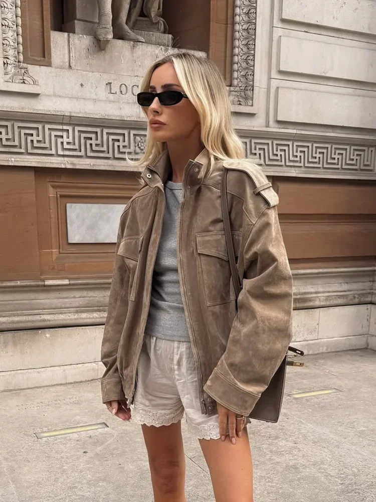 Módní semišová zipová zkrácená bunda pro ženy, pevný stojáček, plný rukáv, kapsa, volné bundy, podzim 2025, dámské dojíždějící oblečení - náhled 2