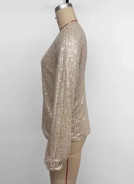 

Women's Fashion Sexy Blouses New Elegant Party Round Neck Long Sleeve Sequined Hollow Out Backless Shirt for Women