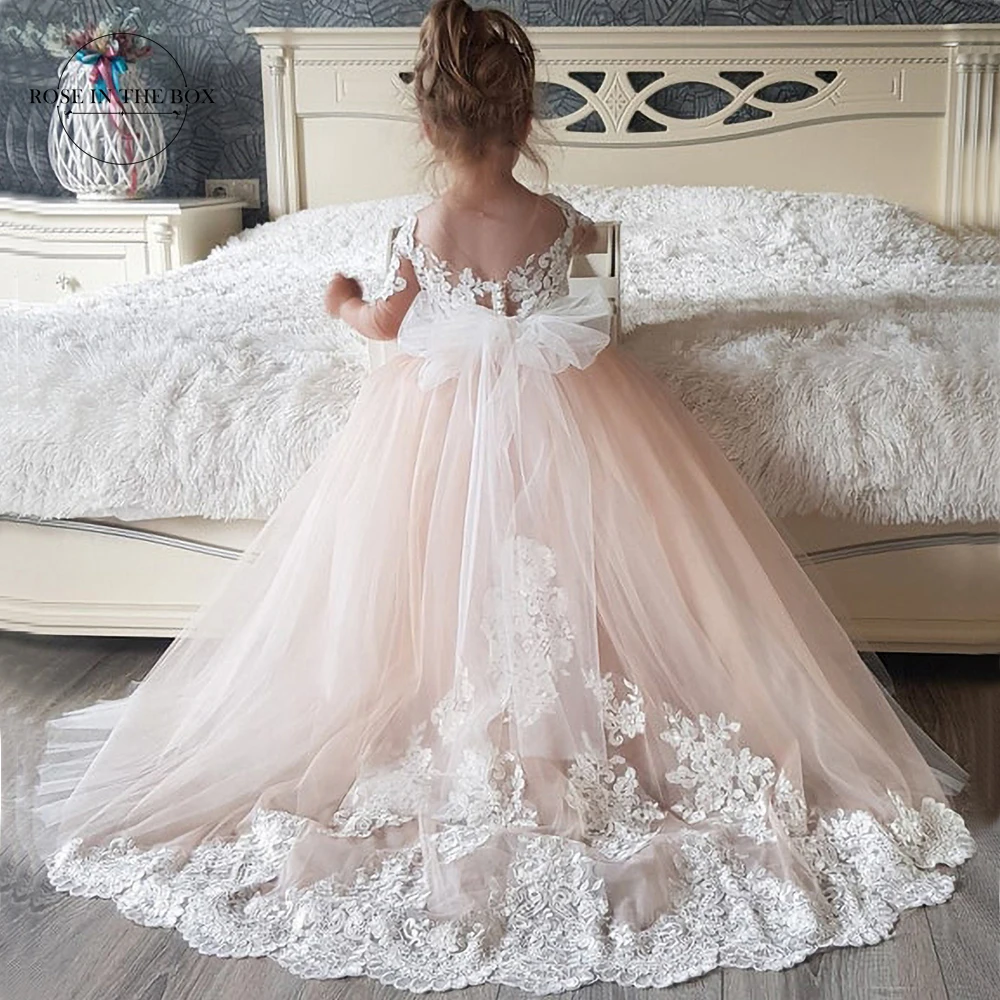 

New Lace Applique Long Sleeves Flower Girl Dresses 2022 First Communion Dresses Ball Gown Robe Mariage Enfant Fille