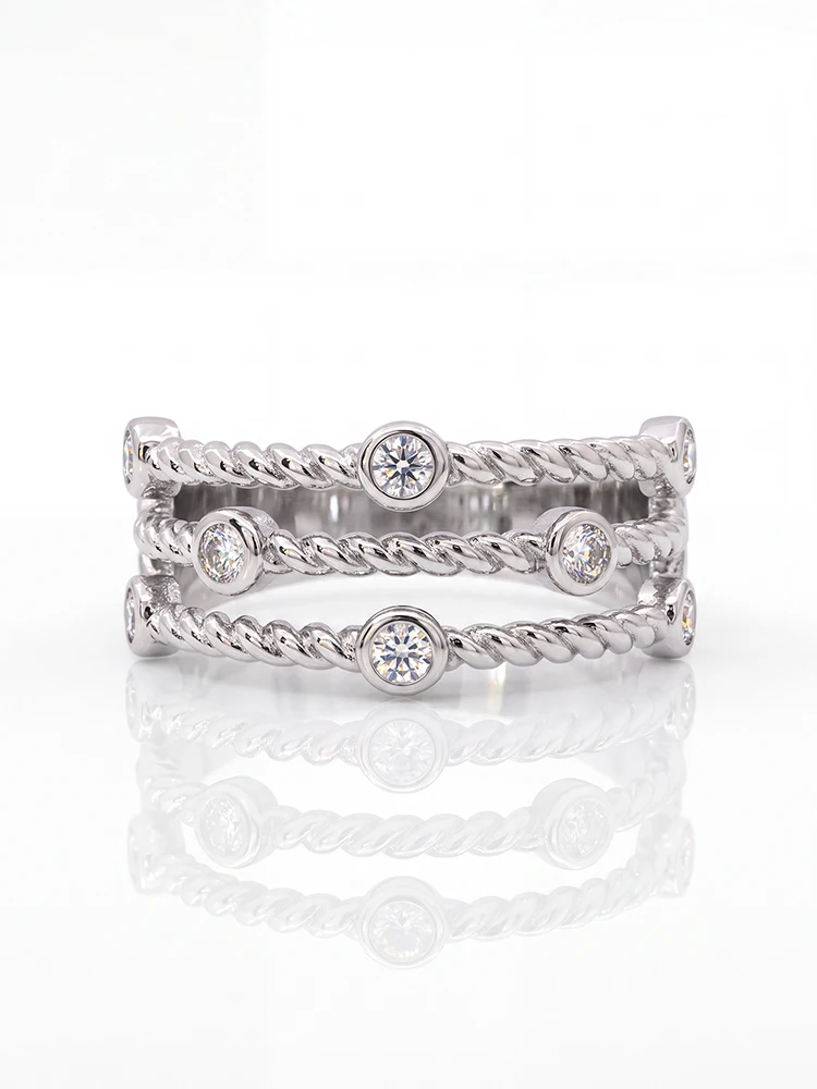 925 Sterling Silber Echter Runder Moissanit-Diamant Dreischichtiger Gedrehter Muster-Ring für Frauen Jubiläum Hochzeit Edle Schmuckstücke – Detail 4