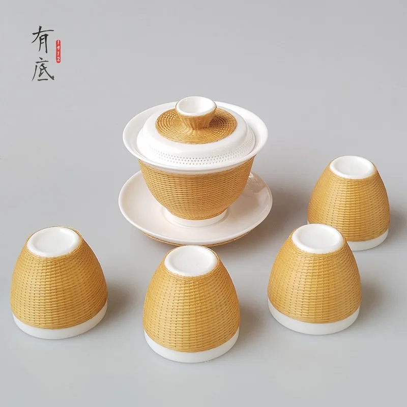 Bamboo Cover Bowl Set Chinese Intangible Cultural Heritage Porcelain Tire Bamboo Weaving Special Gifts for Foreigners Business G