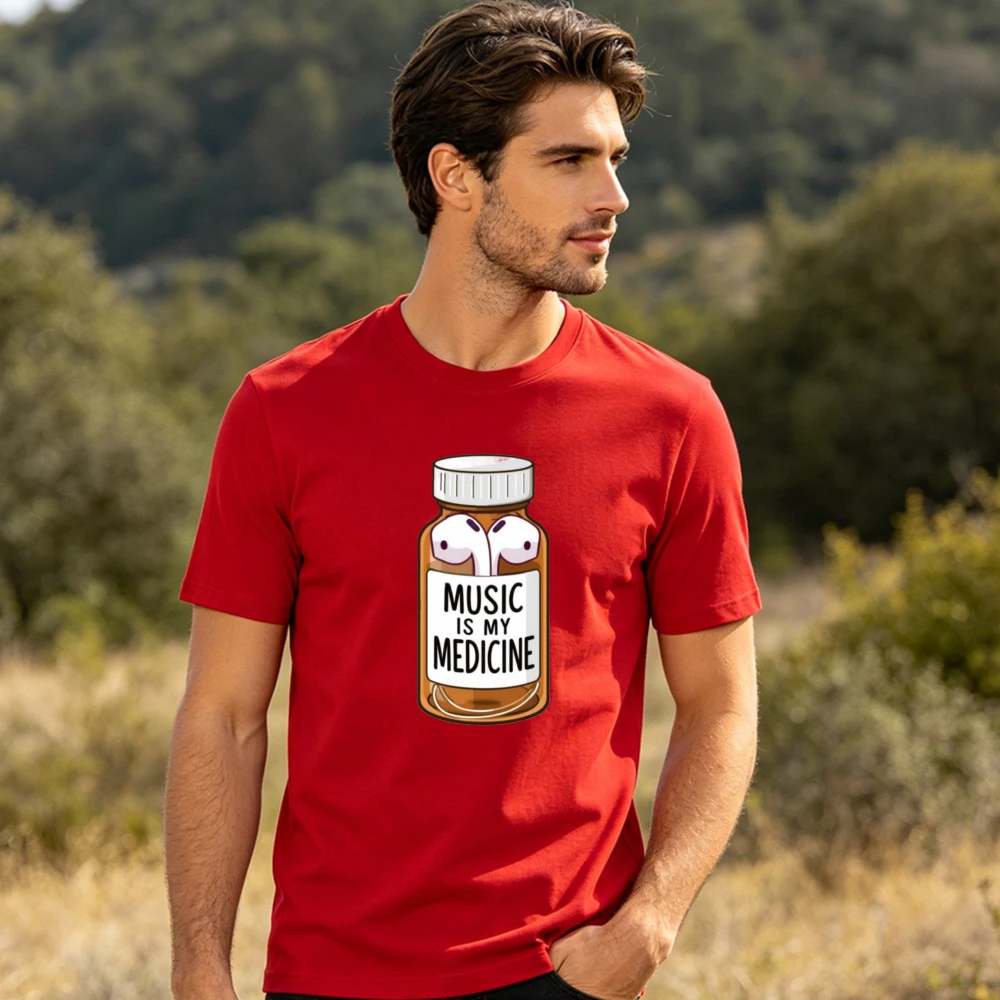 Music Is My Medicine Earbuds Pill Bottle Graphic Tees Cotton Short Sleeve Crew Neck Loose Fit Streetwear Male Casual Music Lover