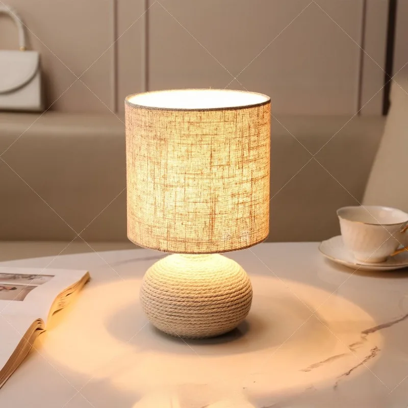 Medieval Ceramic Floor Lamp Creatively Linen-cotton Lampshade Art Decorative Warm Retro Night Table Lights Simple LED Luminaires