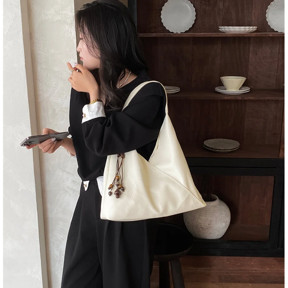 Women Vintage Simple Soft Faux Leather Handheld Bag Commuting Versatile Large Capacity Shoulder Tote With Beaded Tassel Pendant