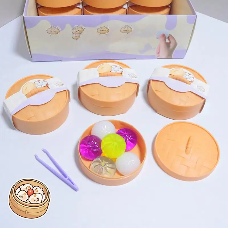 New【6Pcs Mini Dumplings With Steamer Bun Squeezable Toy Soft Stress Relief Crystal  Fidget Sensory Toy Party Favors Gift】