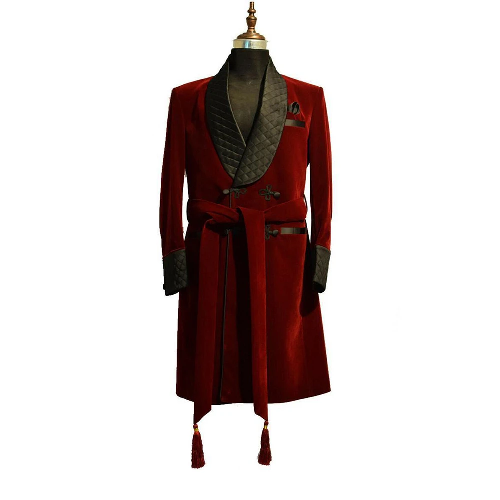 Burgundy Velvet Men Long Jacket One Piece Black Shawl Lapel Double Breasted Smoking Coat Male Casual Clothing Luxury Blazer