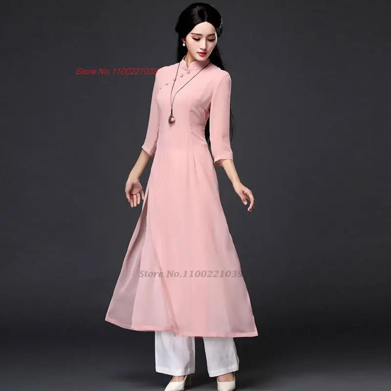 2024 traditional folk style aodai dress+pants set vietnam chiffon aodai elegant aodai dress oriental dress cheongsam dress qipao