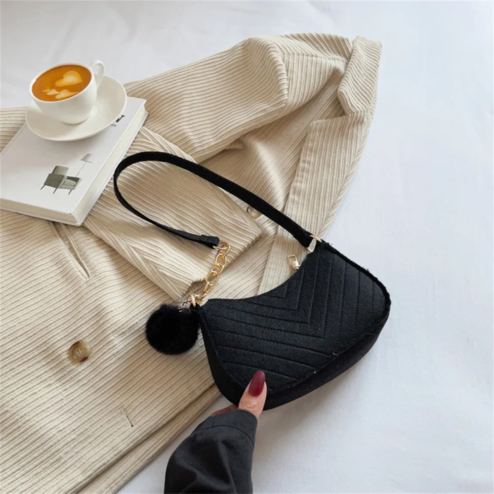 Women Felt Mini Shoulder Bag Underarm Bags with Plush Pendant Solid Color Casual Handbags Female Pouch Light Weigh Bag