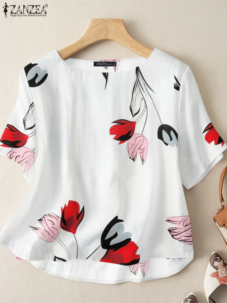 

2025 Summer Floral Printed Blouses ZANZEA Elegant Work Shirts Women Short Sleeve Holiday Tops Casual O Neck Work Blusas Chemise