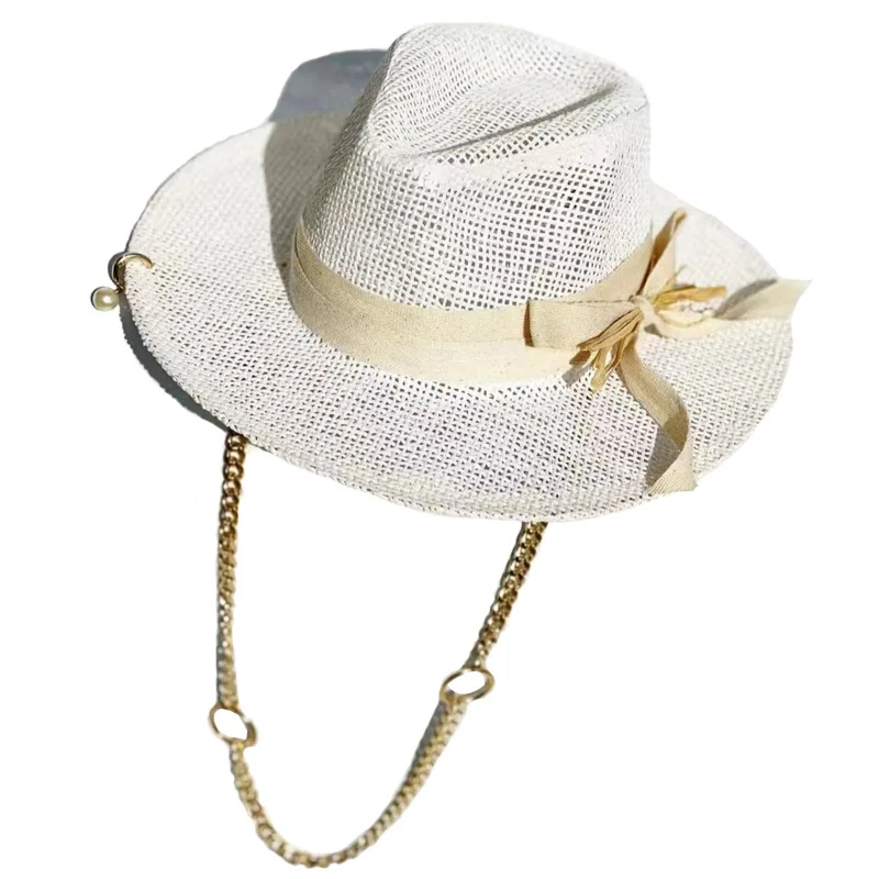 Spring Summer Women's Hollow Pointed Chain Beach Hat, French Straw Sun Protection Vacation Cap
