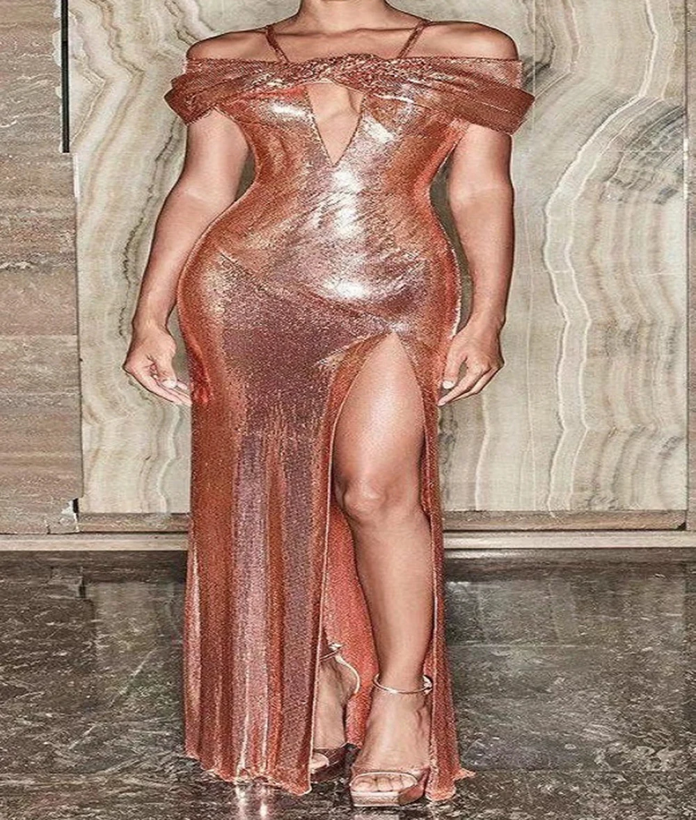 

Вечернее платье на подтяжках, новинка 2025, однотонная облегающая сексуальная женская юбка «рыбий хвост» с разрезом и блестками-GZXX1239