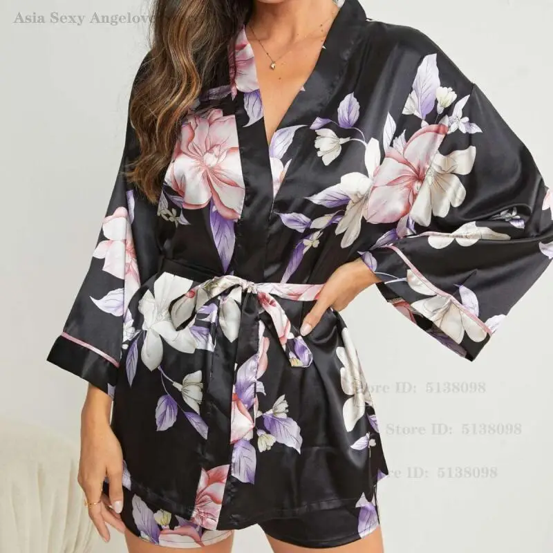 

Print Flower Long Sleeve Robe&shorts Pajamas Set Spring Summer Sleepwear Women Loose Casual Home Clothes Rayon Night Wear Pijama