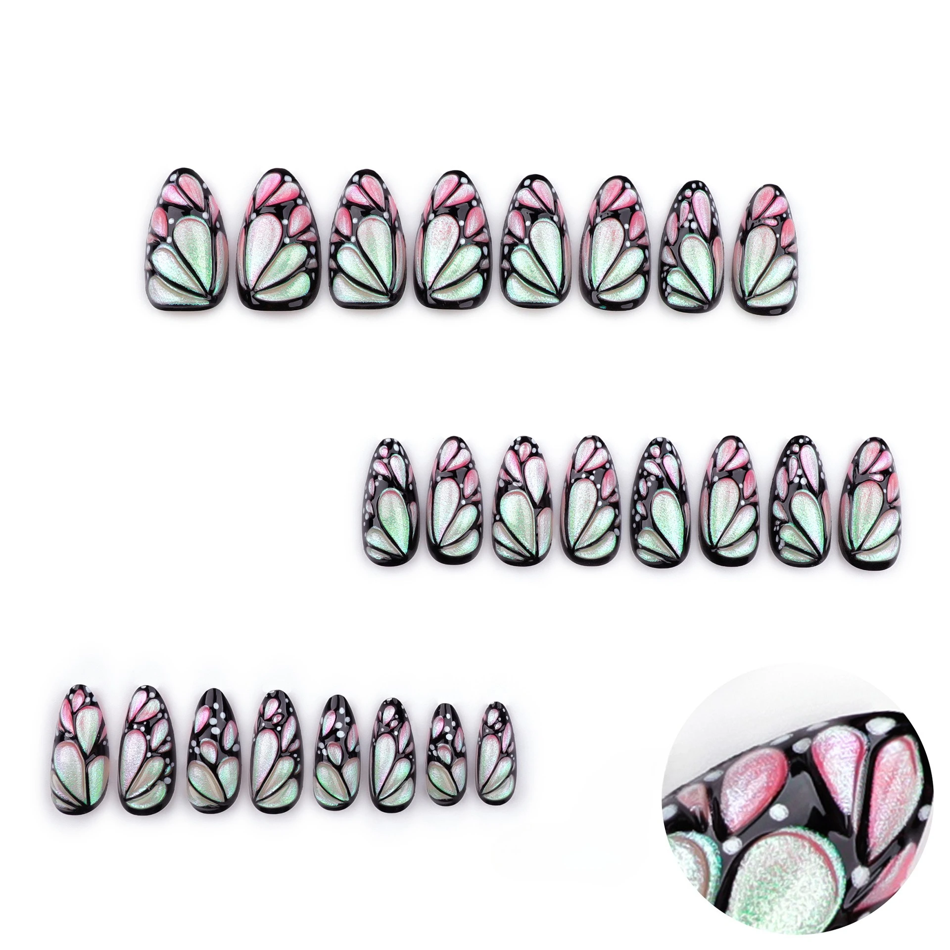 24 ピース/セットカラーパールパウダー蝶プレス爪ショートアーモンド偽爪 Detachabe ヒントシンプルなウェアラブル偽ネイルセット